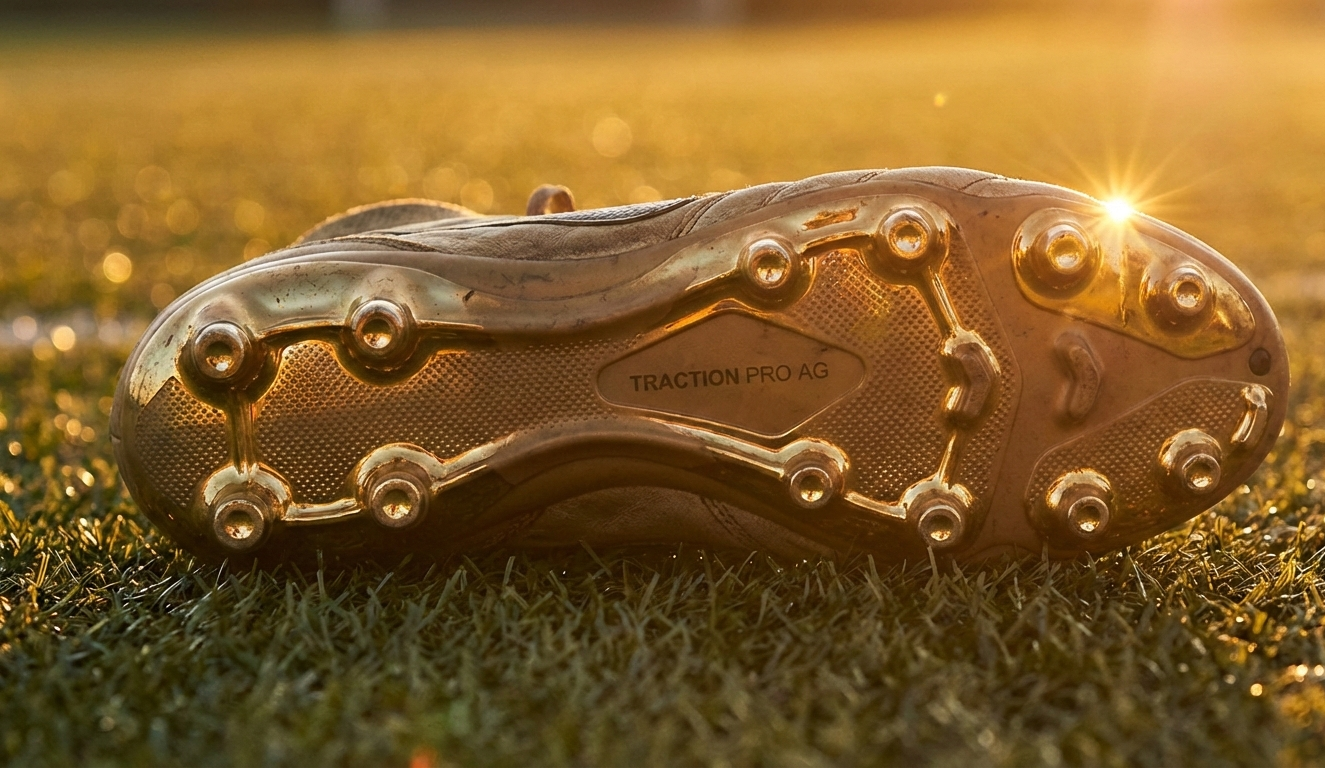 Detalle de botas de fútbol con tacos AG para césped artificial, ideales para niños en campos de tercera generación.