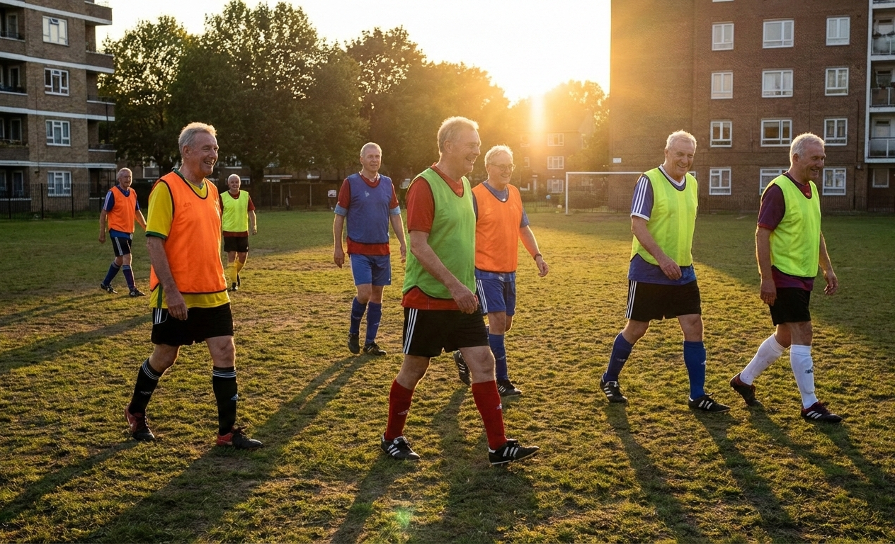 Jugadores practicando walking fútbol en su barrio