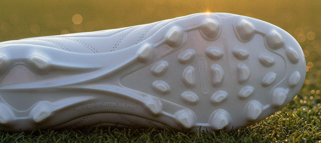 Botas de fútbol con suela MG, aptas para césped artificial y natural, combinando tracción y versatilidad.