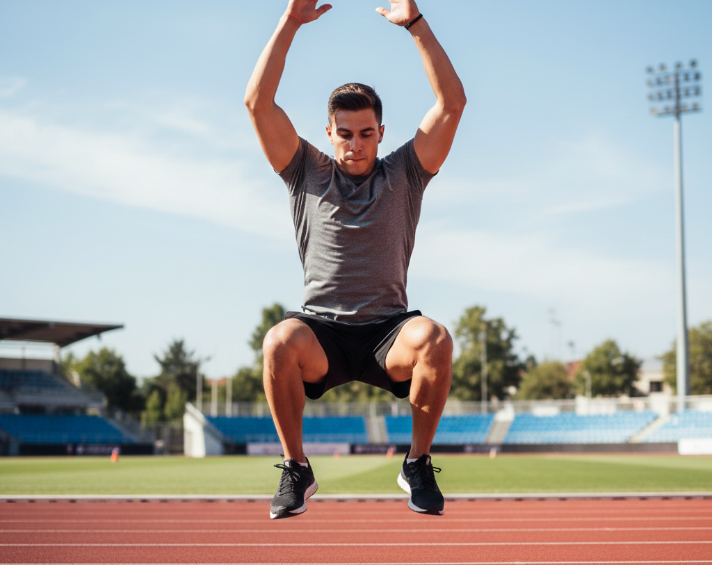 Deportista realizando sentadillas con salto para mejorar sus remates de cabeza