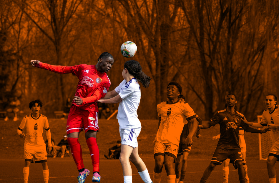 Player heading a soccer ball during a match