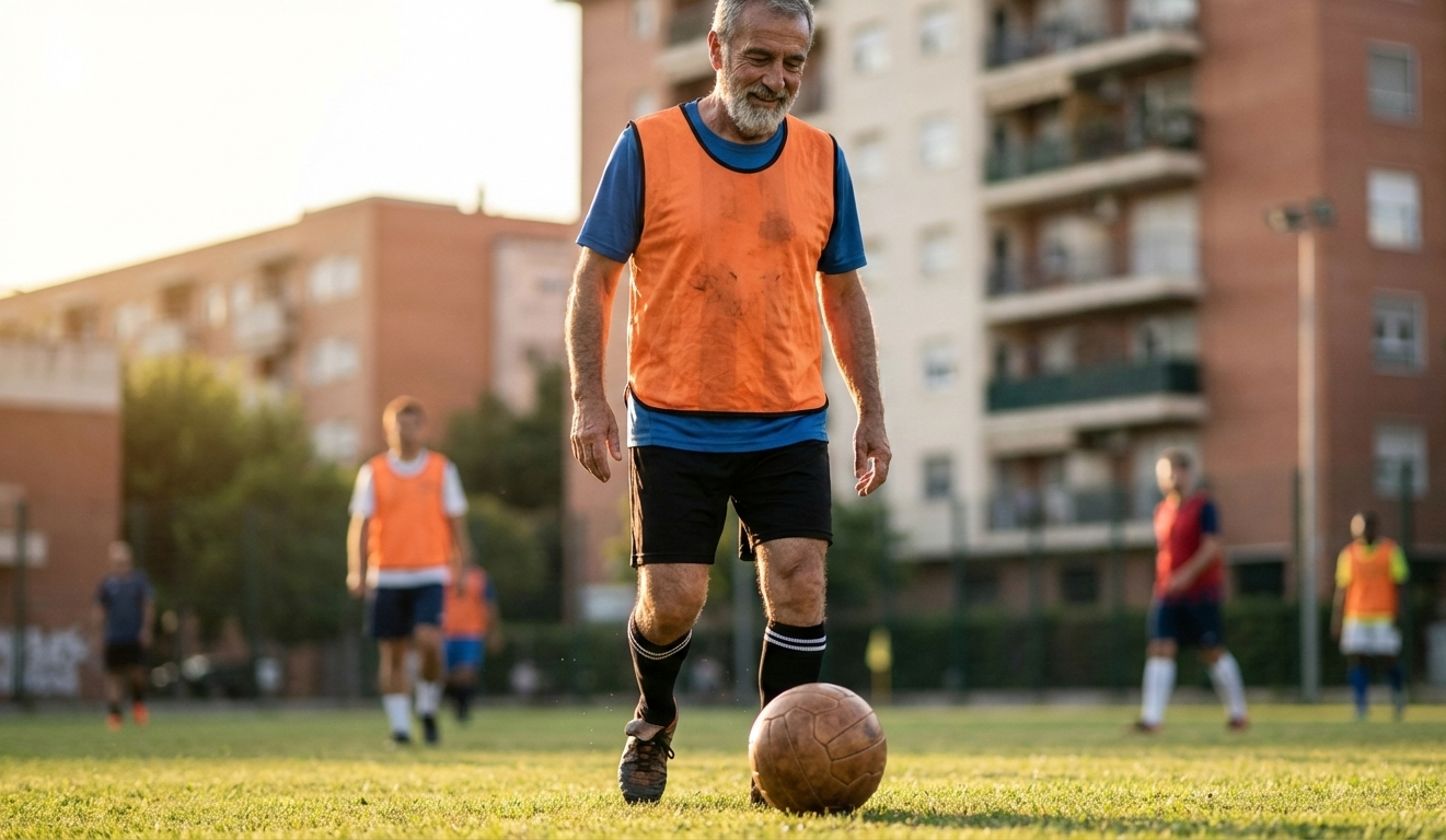 Jugador practicando walking fútbol en un partido sin correr, ejemplo de fútbol adaptado para mayores