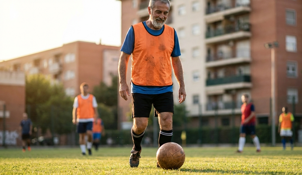 Jugador practicando walking fútbol en un partido sin correr, ejemplo de fútbol adaptado para mayores