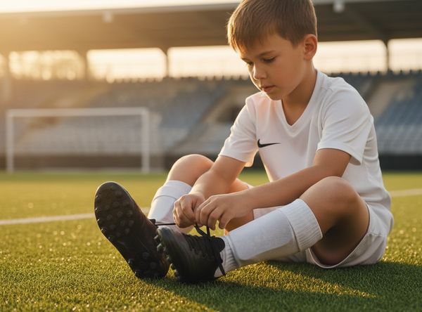 Niño con botas de fútbol de césped artificial 